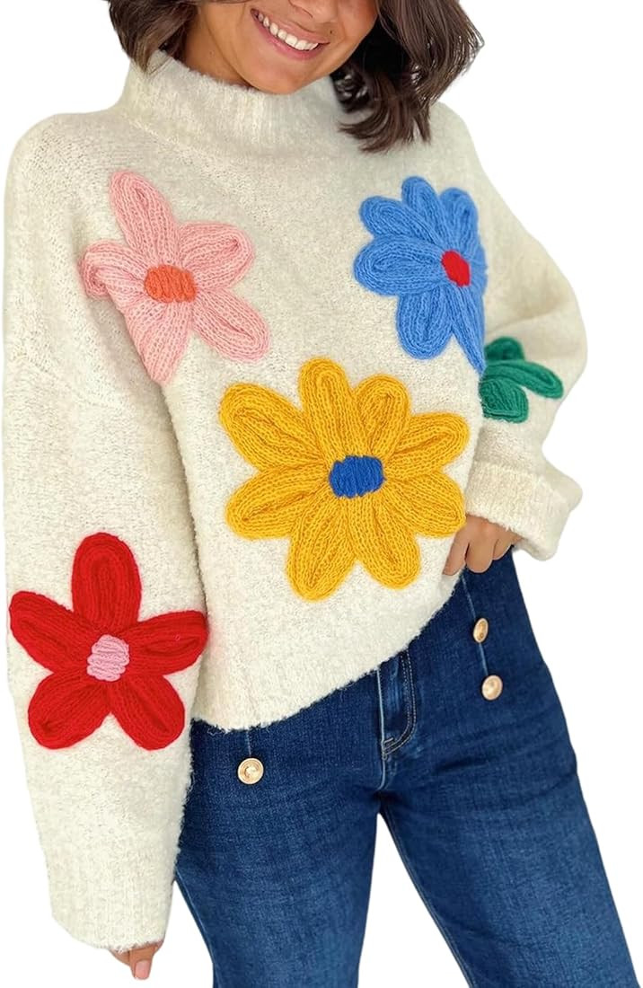 Yimoon Women's Cropped Floral Sweater 2024 Fall Winter Cute Crochet Flower Long Sleeve Knit Pullo... | Amazon (US)