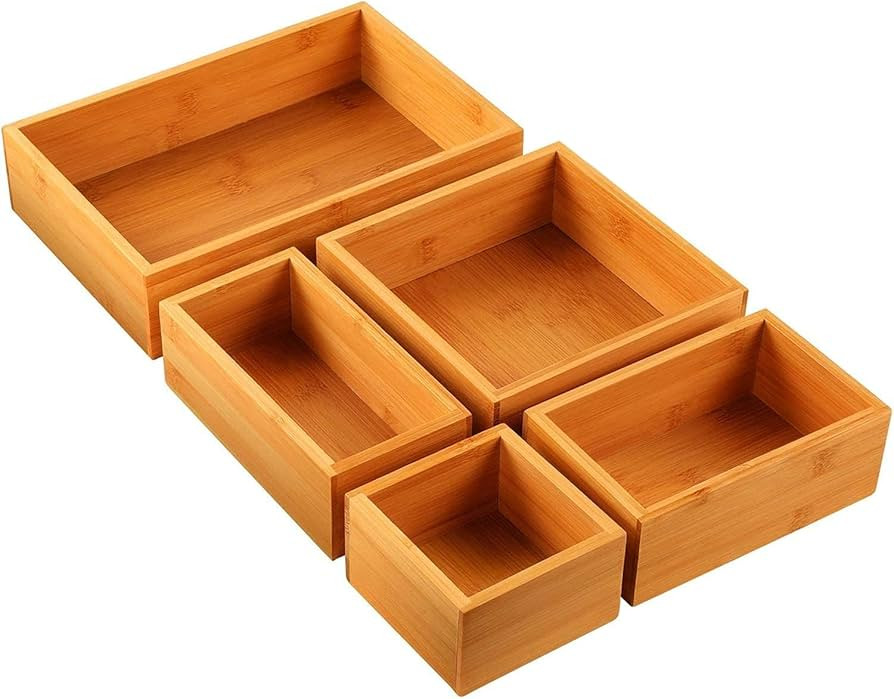 5-Piece Bamboo Drawer Organizer Set, Multi-use Storage Box Set, Varied Sizes Junk Drawer Organize... | Amazon (US)