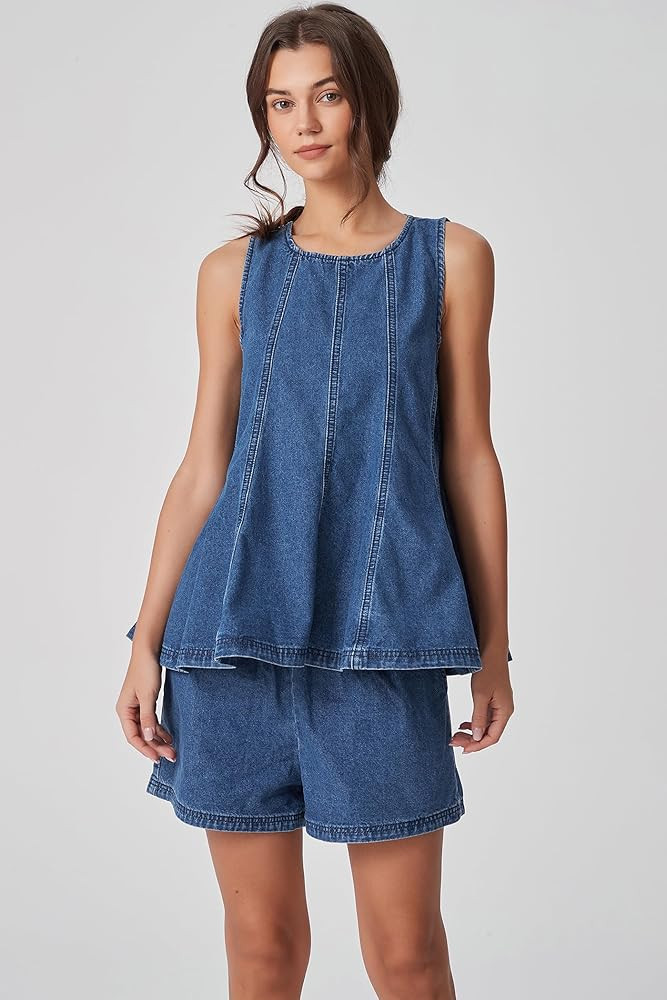 D-Sun Women 2 Piece Outfit Denim Set Sleeveless Crewneck Flared Denim Top Casual High Rise Jean S... | Amazon (US)