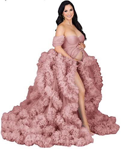 PRESEOSSA Fluffy Tulle Robe for Maternity Photoshoot Sheer Ruffled Babyshower Bridal Lingerie Bathgown Dusty Rose 3XL | Amazon (US)