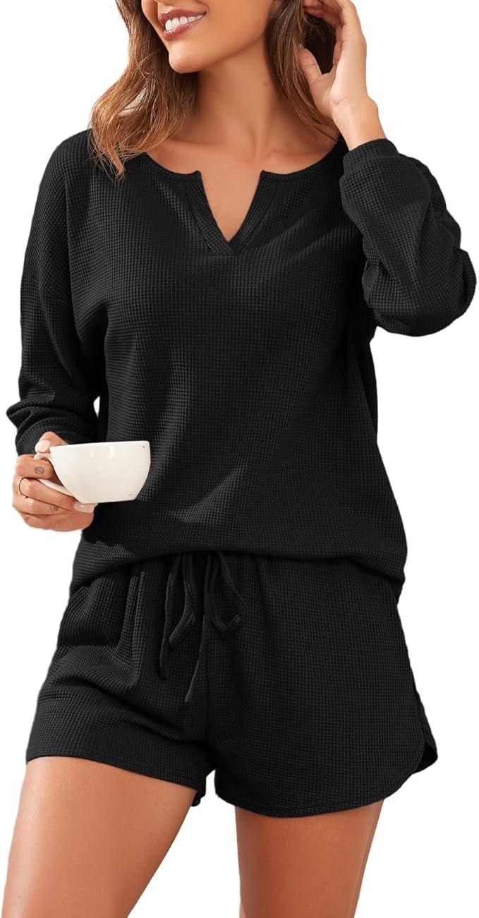 PrinStory Pajamas Set for Women Waffle Knit Lounge Set 2 Piece Outfits Matching Set Loungewear Sw... | Amazon (US)