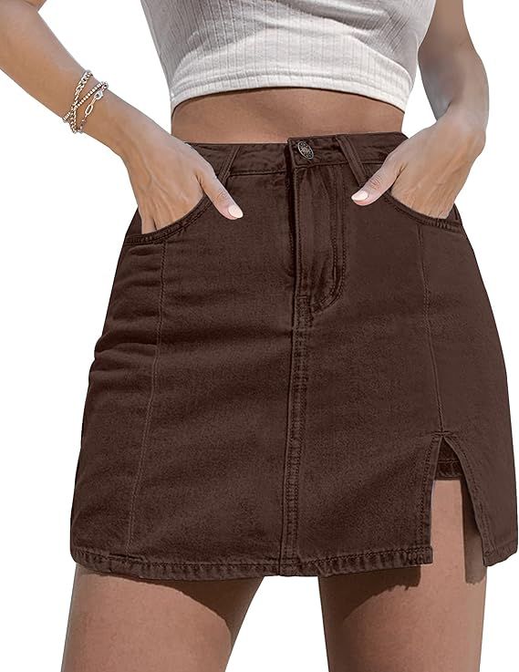 luvamia Skorts Skirts for Women Denim Mini Skirt Side Slit with High Waisted Jean Shorts Stretchy | Amazon (US)