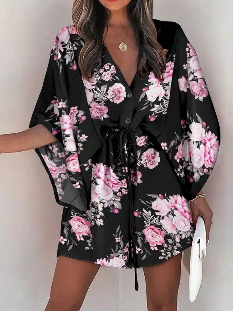 SHEIN Holidaya Women's Simple Daily V-Neck Random Printed Dress Vacation Beach Outfit | SHEIN