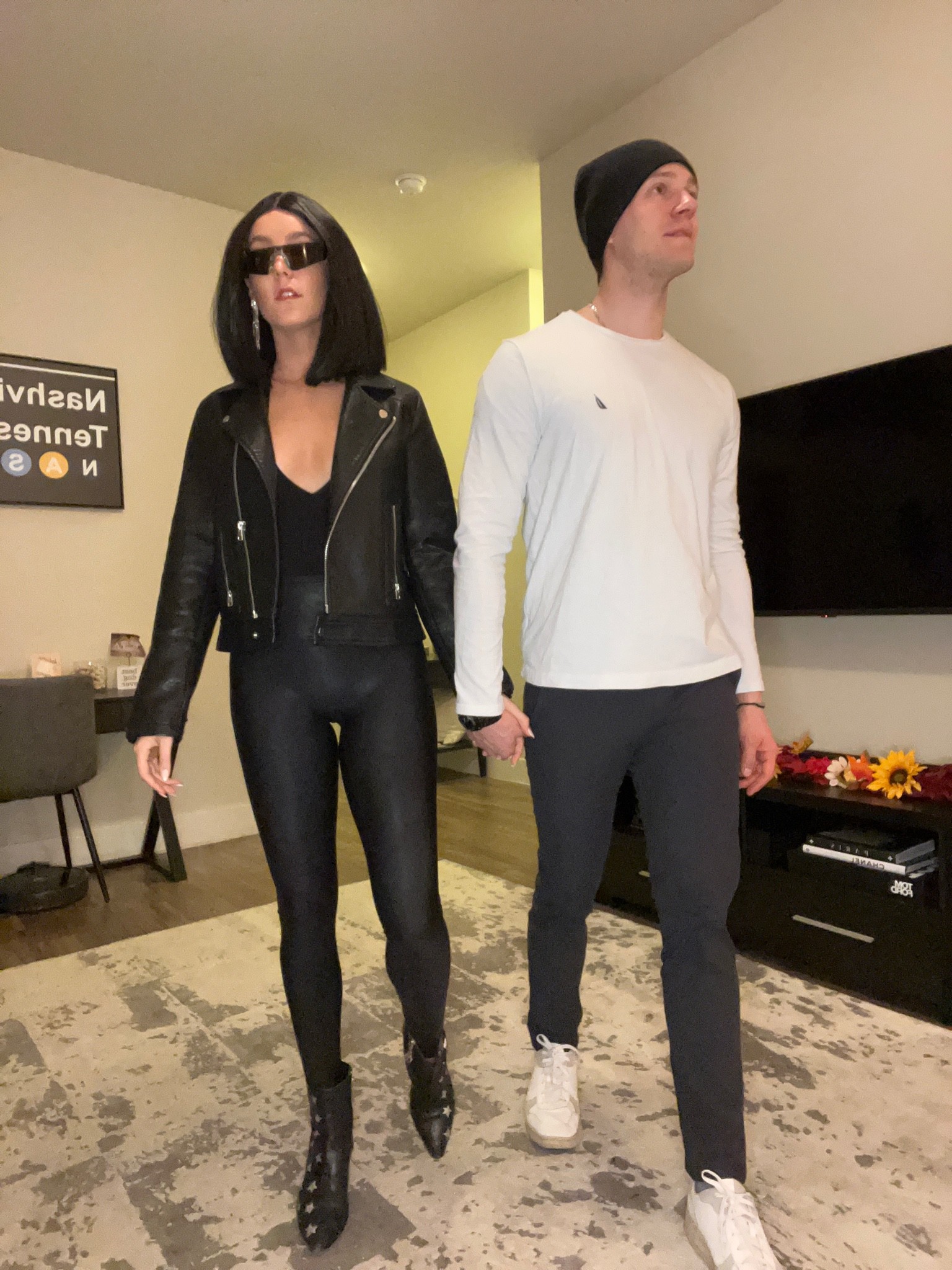Kourtney & Travis Halloween costume 

black faux leather jacket 
Spanx faux leather leggings 
black bodysuit 
futuristic sunglasses 

#LTKHalloween 

#LTKSeasonal #LTKHoliday