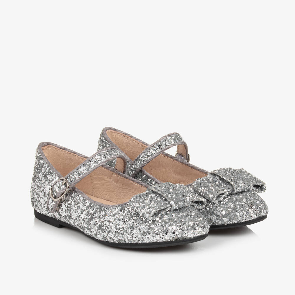 Girls Silver Glitter Bow Pumps | Childrensalon