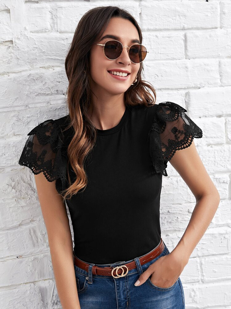 SHEIN Clasi Embroidery Mesh Butterfly Sleeve Form Fitted Top | SHEIN