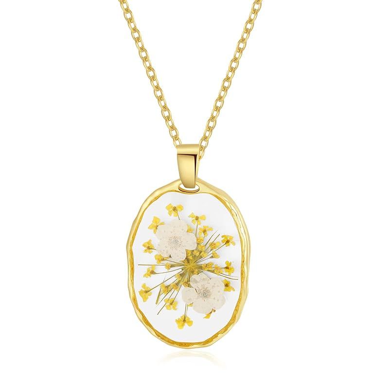 Daffodils and Queen Anne's Lace Pressed Wildflower Necklace | Pressed Flower Necklace Gift for Wo... | Amazon (US)
