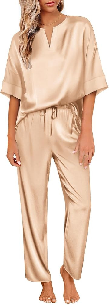 Ekouaer Satin Pajama Set Womens Silk Short Sleeve V Neck Shirt with Long Pant Soft Loungewear Pjs... | Amazon (US)