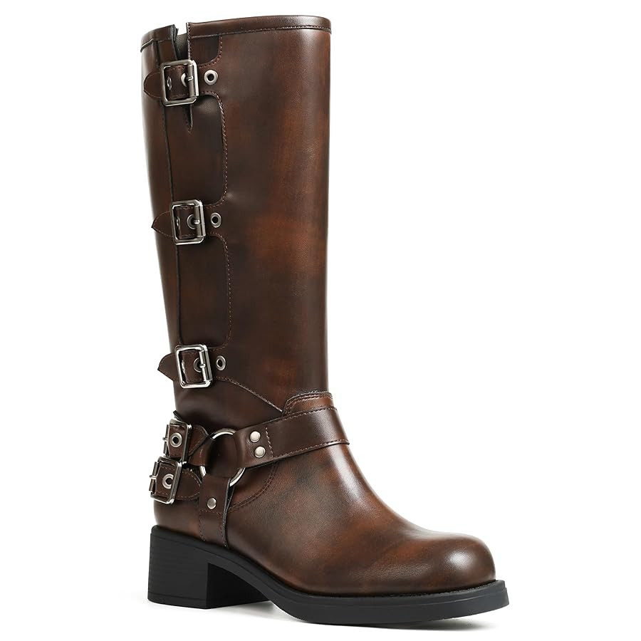 AMINUGAL Knee High Boots Women Square Toe Pull On Wide Calf Riding Fashion Buckles Chunky Metalli... | Amazon (US)