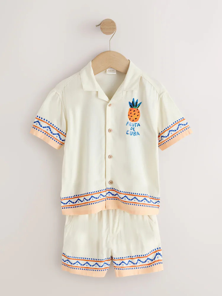 Ecru Fruta de Cuba Print Short Sleeve Revere Collar Shirt & Shorts Set (3mths-10yrs) | Next US