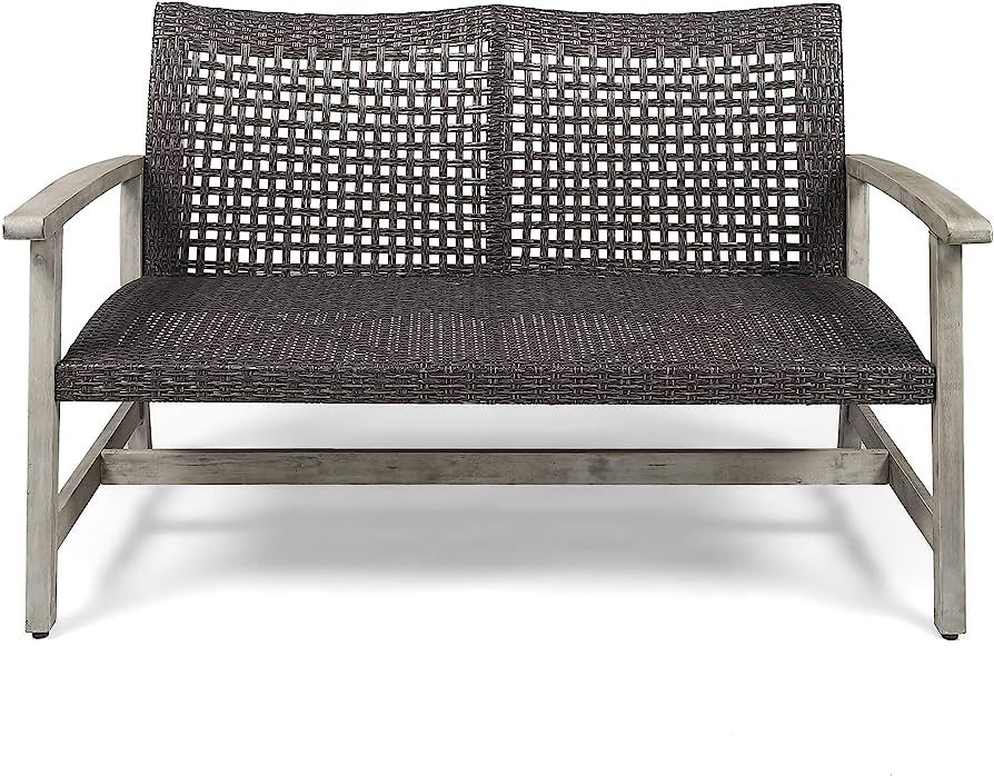 Great Deal Furniture Marcia Outdoor Wood and Wicker Loveseat, Light Gray Finish with Mix Black Wi... | Amazon (US)