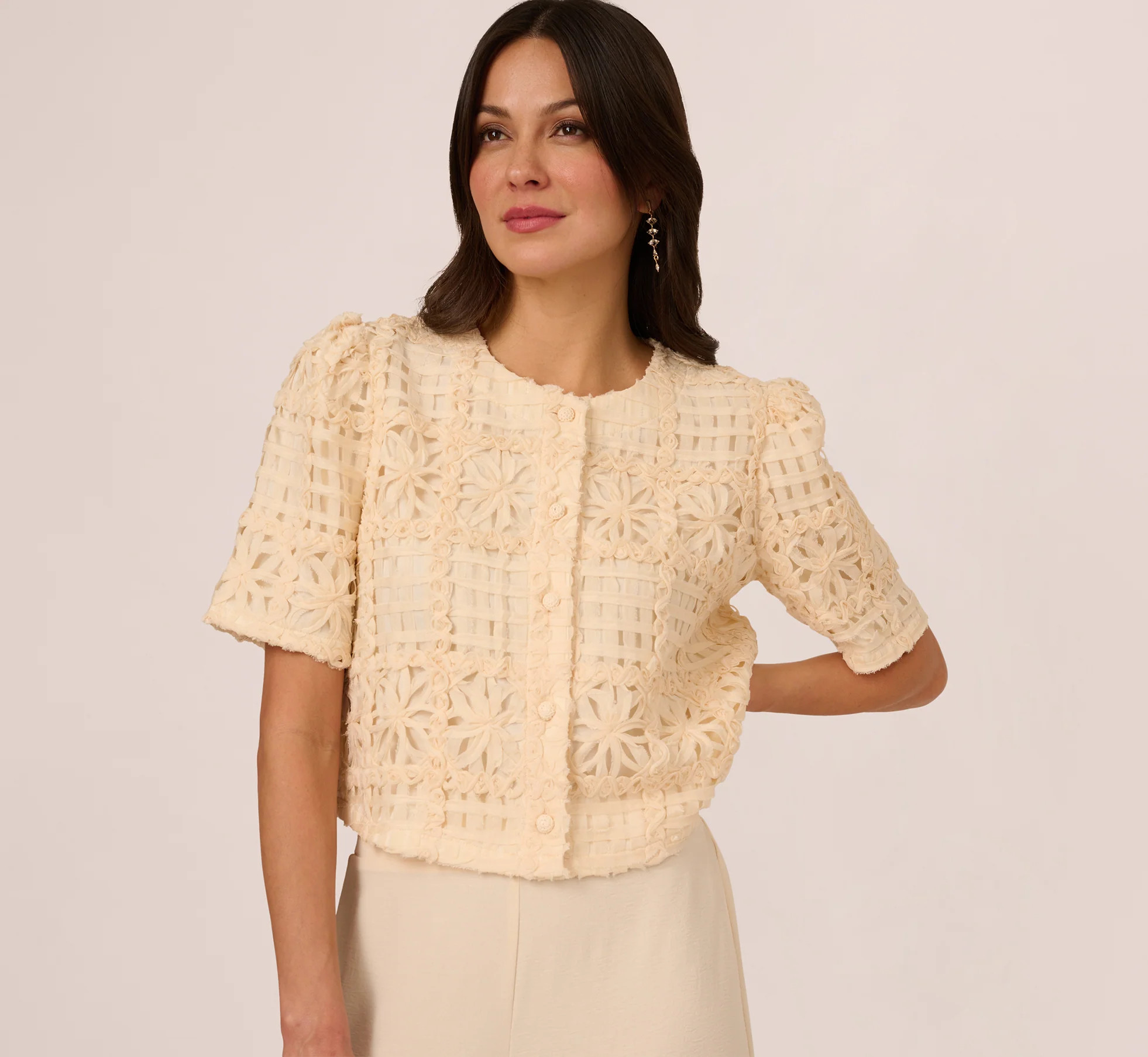 Short Sleeve Chiffon Soutache Jacket In Cannoli Cream | Adrianna Papell