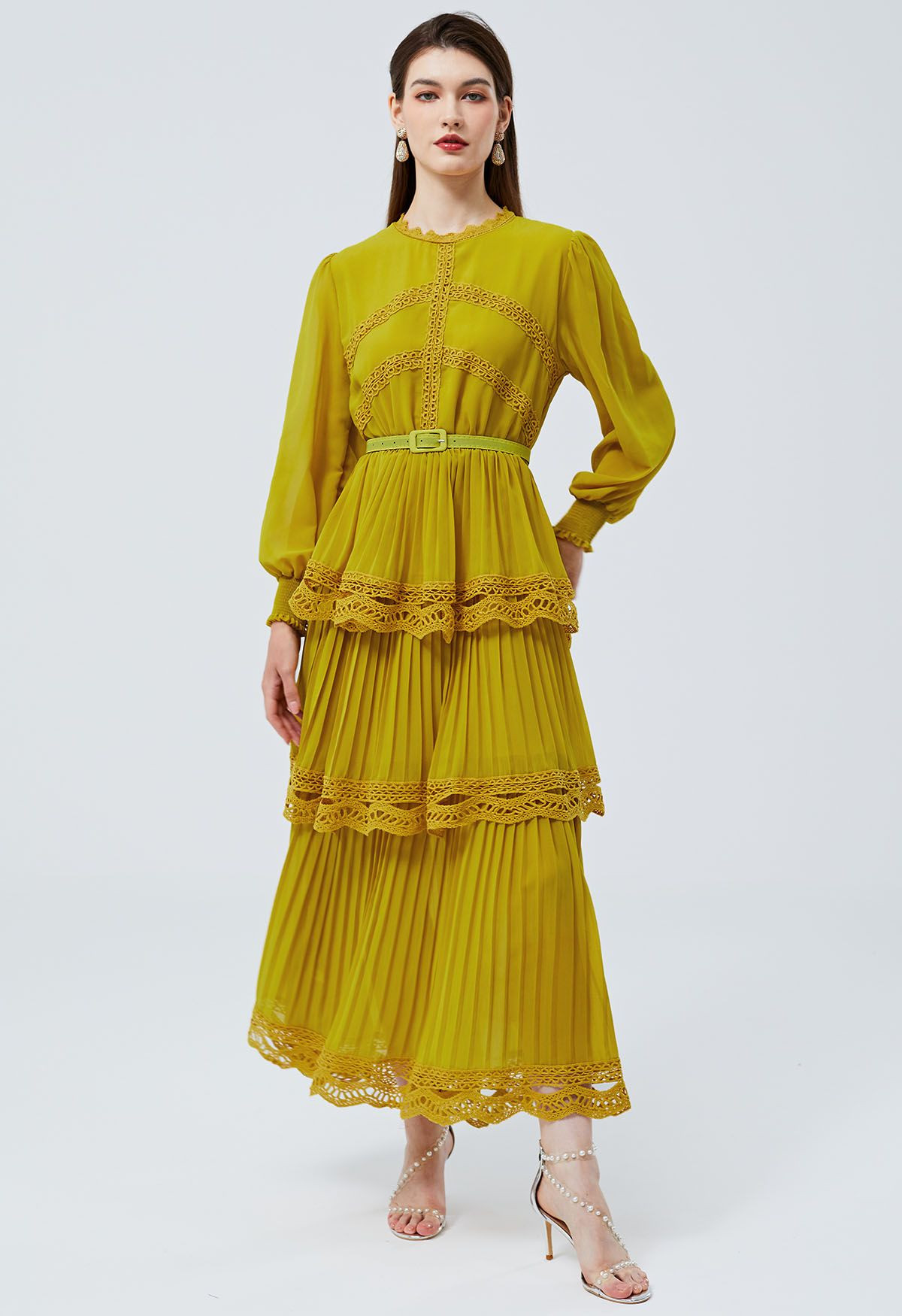 Crochet Lace Pleated Tiered Chiffon Maxi Dress in Yellow | Chicwish