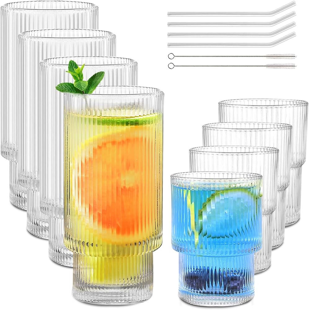 Luiaiog 8Pcs Drinking Glasses with Straws, 4pcs Iced Coffee Glasses(11oz) & 4pcs Ribbed Glassware... | Amazon (CA)
