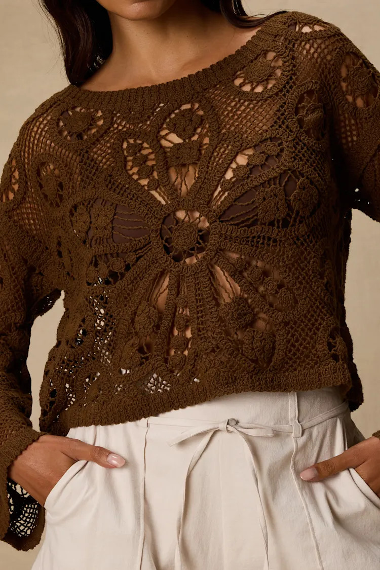 Martinez Brown Sheer Crochet Pullover Sweater | Lulus