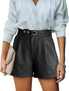 Uusollecy Women Casual Leather Shorts, Solid Hight Waist Shorts, Belt Short Pants with Pockets | Amazon (US)