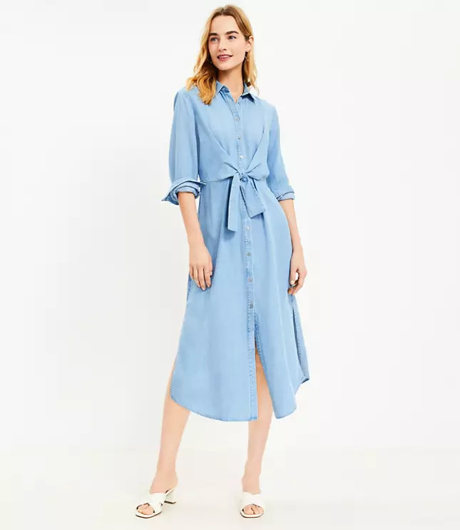 Chambray Knot Front Midi Shirtdress | LOFT