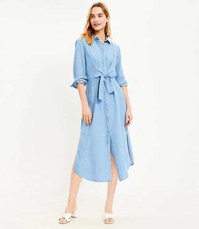 Chambray Knot Front Midi Shirtdress | LOFT