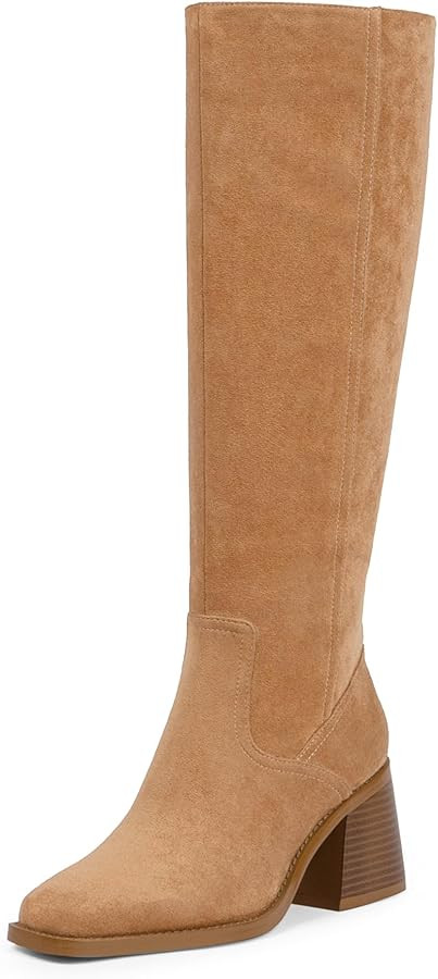 Women's Knee High Boots with Zipper Square Toe Chunky Heeled Tall Boots for Women | Amazon (US)