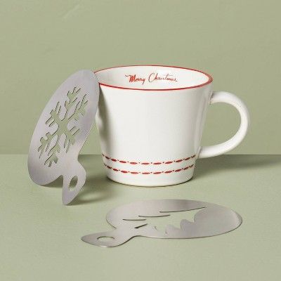 11oz Merry Christmas Stoneware Mug with Latte Art Metal Stencils (Gift Set) - Hearth & Hand™ wi... | Target