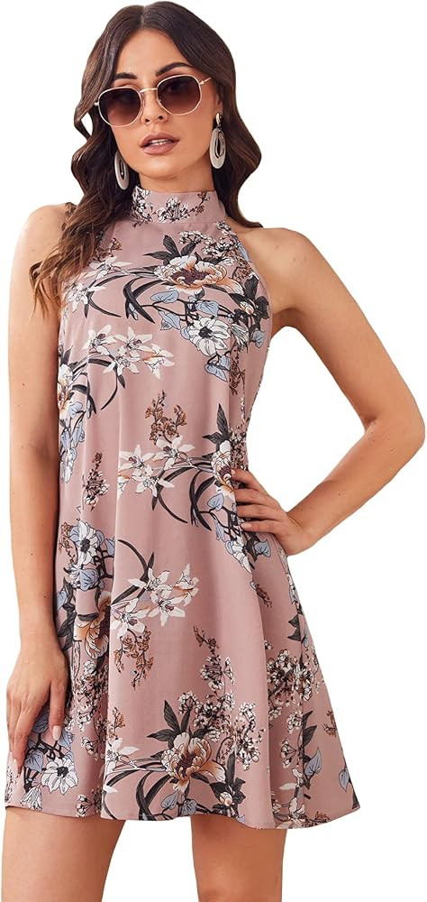 Floerns Women's Summer Floral Print Sleeveless Halter Neck Beach Party Dress | Amazon (US)