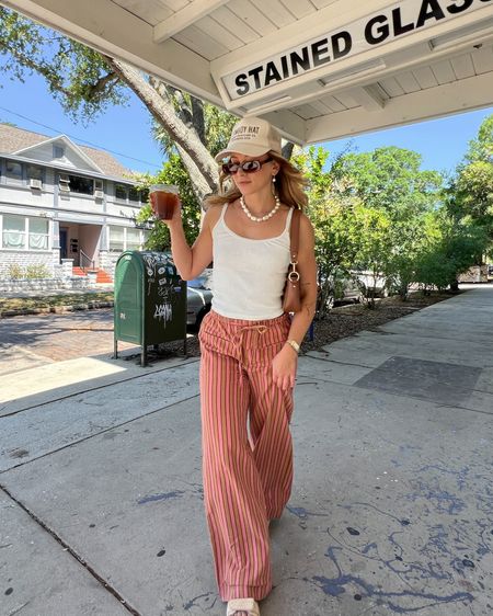 4/13/24 Casual coffee shop outfit of the day 🫶🏼 Linen pants, striped linen pants, free people style, free people outfits, spring fashion 2024, spring fashion trends, summer outfits, summer fashion 2024, platform sandals, dad sandals, spring sandals, summer sandals

