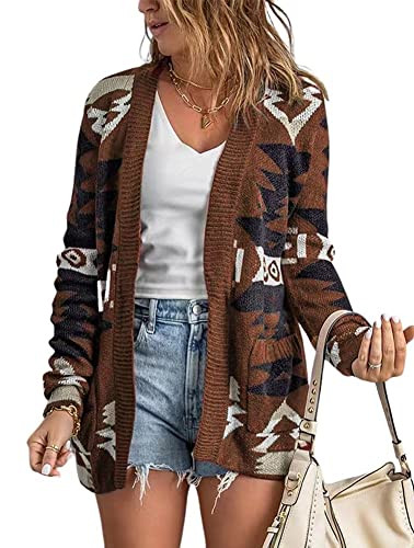 chouyatou Women's Tribal Aztec Print Sweater Open Front Knitted Jacquard Cardigan Sweater (Small, Coffee) | Amazon (US)