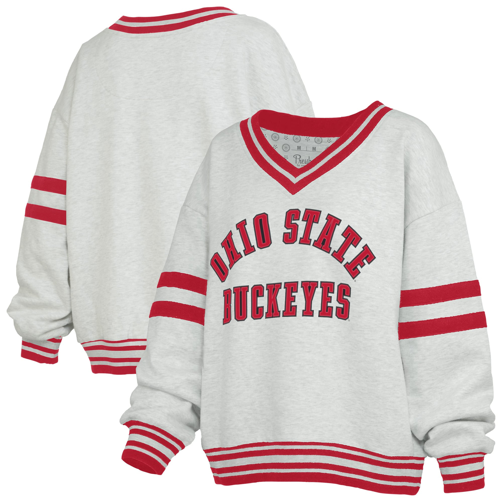 Ohio State Buckeyes Pressbox Women's Tackle Twill Oates V-Neck Sweatshirt - Gray/Scarlet | Lids