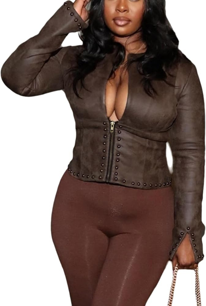 RISCUYY Leather Jacket Women Brown Bodycon Long Sleeve Studded Zip Up Cropped Leather Jacket Wome... | Amazon (US)