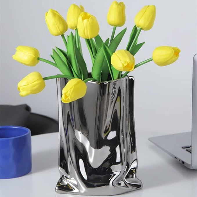 Sliver Ceramic Vase - 9.1 Inch Tall Flower Vase Minimalist Nordic Style for Home Decor, Centerpie... | Amazon (US)
