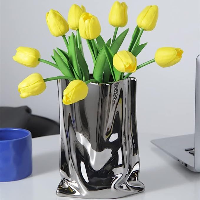 Sliver Ceramic Vase - 9.1 Inch Tall Flower Vase Minimalist Nordic Style for Home Decor, Centerpie... | Amazon (US)