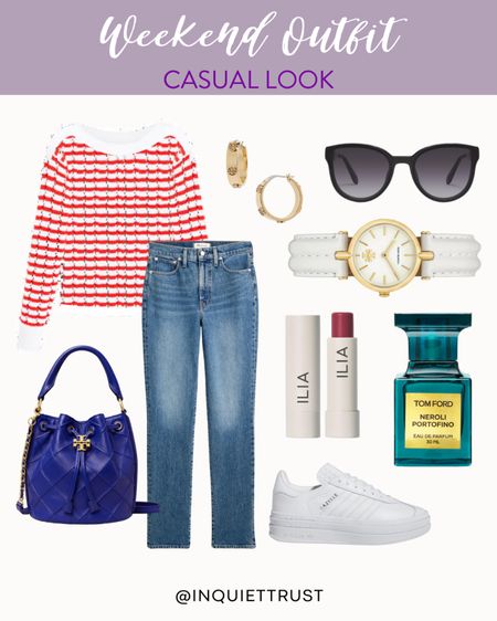 Get weekend-ready with this outfit idea! Upgrade your casual style with this red striped top, denim jeans, white sneakers and more for a chic look!
#everydayfashion #vacationlook #traveloutfit #capsulewardrobe

#LTKSeasonal #LTKShoeCrush #LTKStyleTip