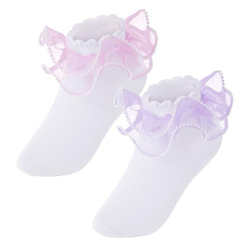 Pistha 2 Pack Girls Frilly Ruffle Socks Cute Pearls Lace Socks for Toddler Little Girls Dress and Daily(Pink Purple,1-3t) | Amazon (US)
