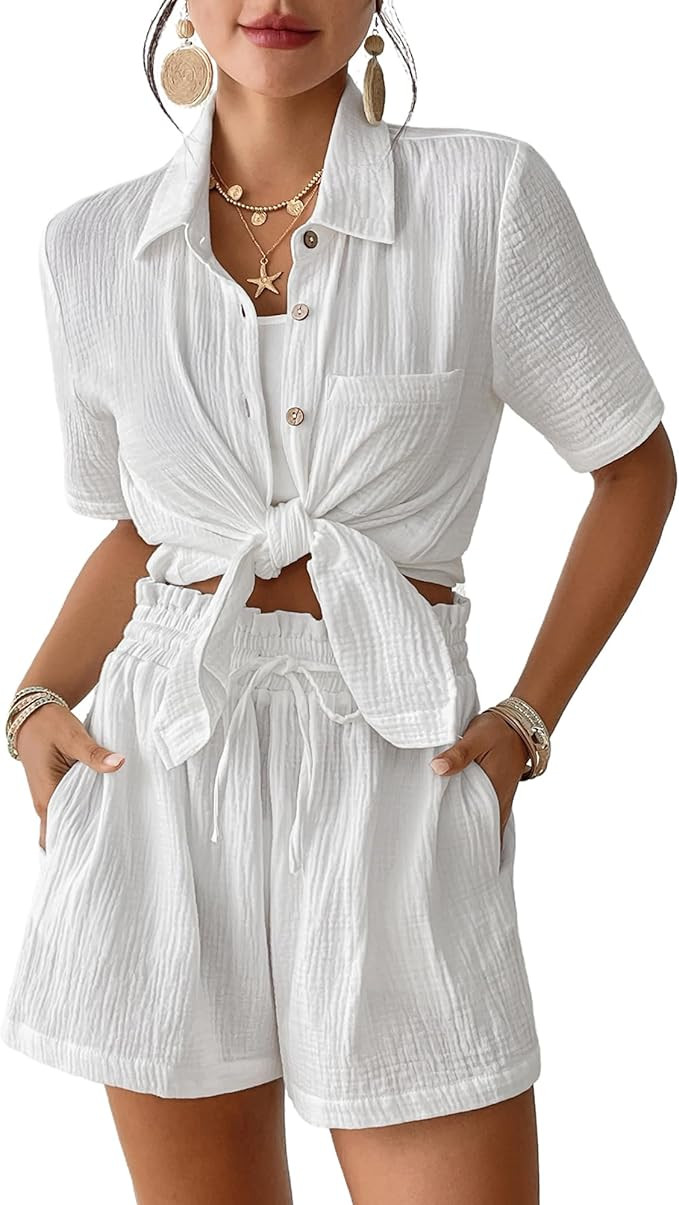 Bsubseach Womens 2 Piece Cover Ups Set Cotton Beach Short Sets Short Sleeve Button Down Shirt Sho... | Amazon (US)