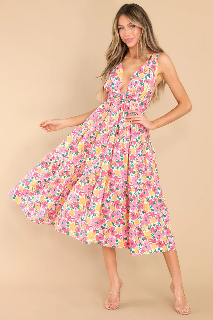 Sweetest Showers Pink Multi Floral Midi Dress | Red Dress 