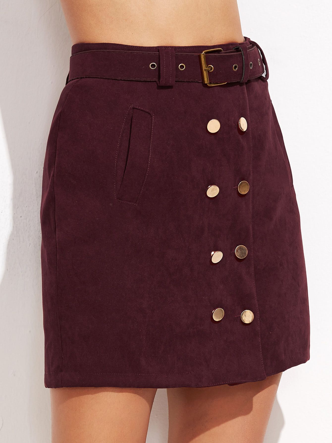 Burgundy Double Breasted Skirt With Belt | SHEIN