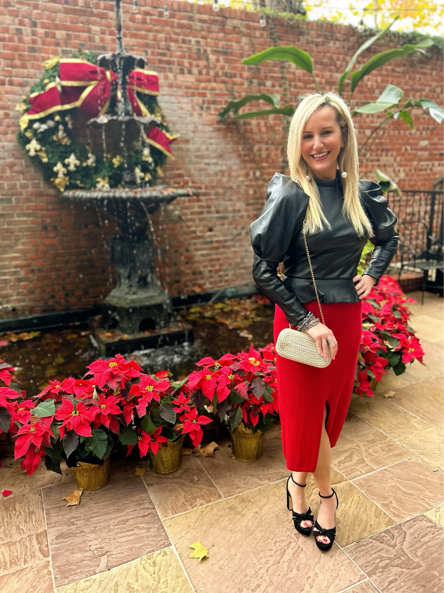 Holiday outfit! Love this black leather peplum top! It’s so flattering with a skirt and denim! My exact red skirt is sold out but included an alternate! 

#LTKHoliday
