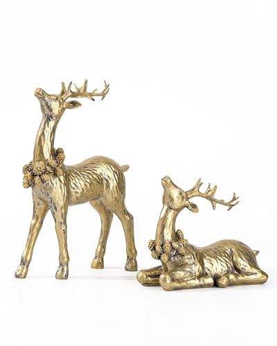 DN DECONATION 2pcs Gold Christmas Reindeer Figurines, Tabletop Reindeer Christmas Decor Indoor, Small Resin Xmas Brass Deer Decorations for Home Mantel Decor | Amazon (US)