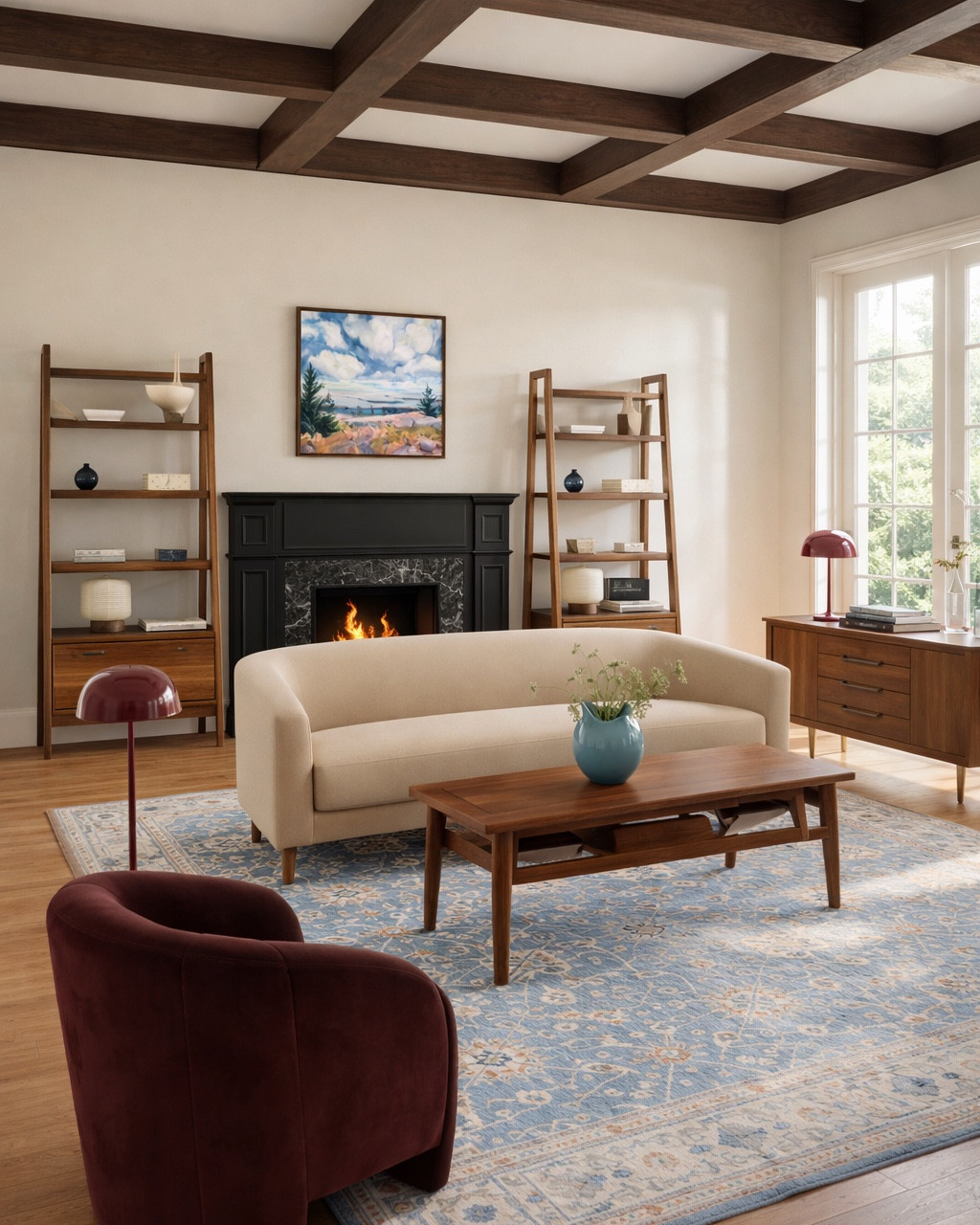 Cosy living room mood board! I love this curvy sofa, gorgeous coffee table, floor lamp from Article, beautiful sideboard, velvet accent chair, blue floral rug! #homedecor #livingroom 

#LTKSaleAlert #LTKHome #LTKSeasonal