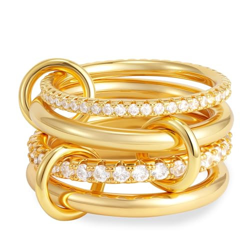 Decholly Gold Stackable Rings for Women, 18k Gold Plated Cubic Zirconia Rings, Multi Ring Mixed Metals Stackable Ring Set for Women Non Tarnish Size 9 | Amazon (US)
