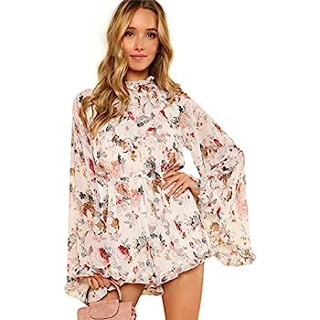 Romwe Women's Floral Printed Ruffle Bell Sleeve Loose Fit Jumpsuit Rompers | Amazon (US)