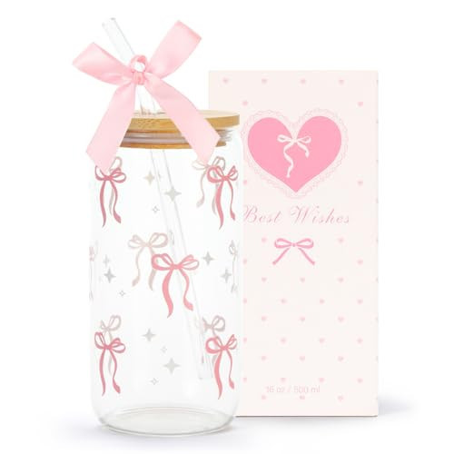 LANGASQUE Coquette Pink Bow Glass Cup with Lids and Straws, 16 oz Cute Glass Cup, Aesthetic Iced Coffee Tumbler with Gift Box Cleaning Brush for Teen Girls Gifts Trendy Stuff Women Girlfriends Gifts | Amazon (US)