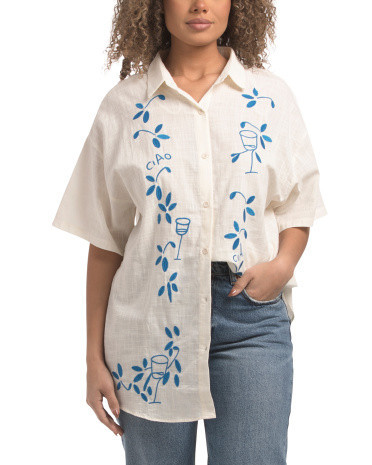 Ciao Ciao Embroidered Button Up Shirt for Women | Polyester/Cotton | Marshalls