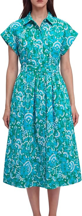 Women Summer Dresses 2025 Casual Wing Short Sleeve Button Down Midi Dress Floral Long Dress with ... | Amazon (US)