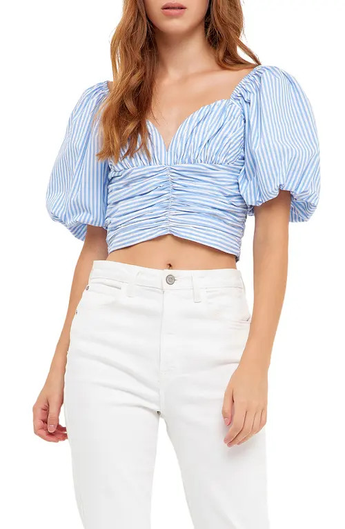 English Factory Ruched Puff Sleeve Crop Blouse in Blue Stripe at Nordstrom, Size Small | Nordstrom