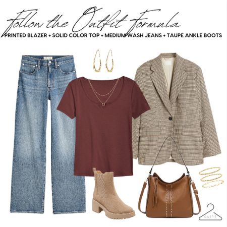 Follow the Outfit Formula: Printed Blazer + Solid Color Top +  Medium Wash Jeans + Taupe Ankle Boots from our Fall 2023 Outfit Guide. Get the guide at outfitformulas.com — we start styling on Monday! #outfitformulas 

#LTKfindsunder50 #LTKstyletip #LTKSeasonal