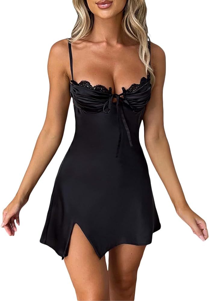 Women Y2k Satin Mini Dress Backless Low Cut Tie-up Spaghetti Strap Dress Lace Slip Party Dress Clubw | Amazon (US)