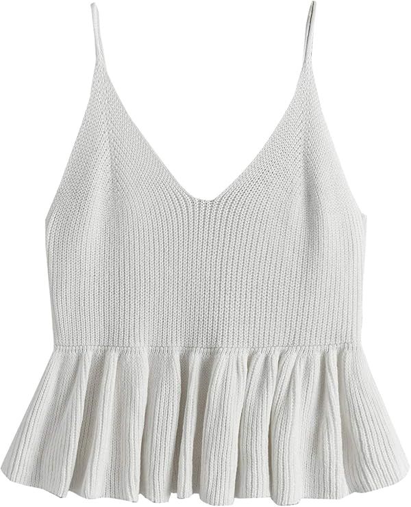 SweatyRocks Women's Casual Knit Top Sleeveless Ruffle Hem V Neck Peplum Crop Tank Top | Amazon (US)