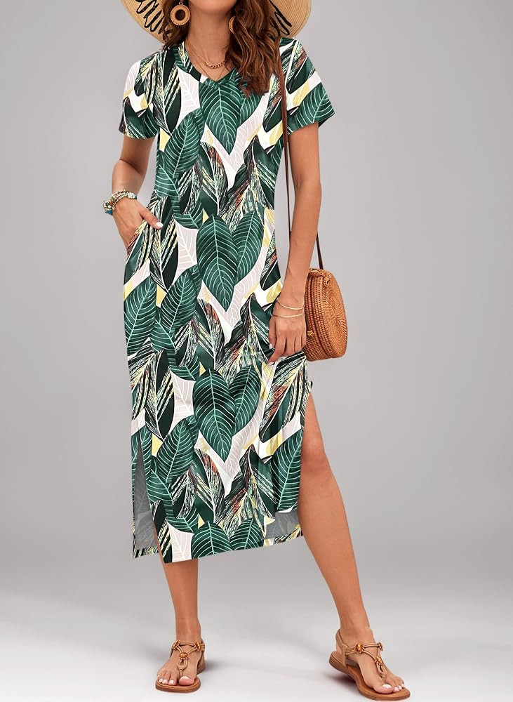 AUSELILY Damen Sommer Kurzarmkleid Leichten - Damen Maxi Schlitz Elegant Kleider | Amazon (DE)