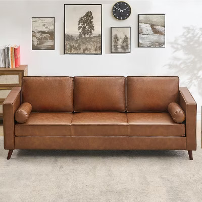 81" Leather Sofa, Mid Century Modern Deep Seat Couch, Upholstered Cushion&Removable Cover, Brown PU Couch, 3 Seat Sofa for Living Room, Office, Brown | Target